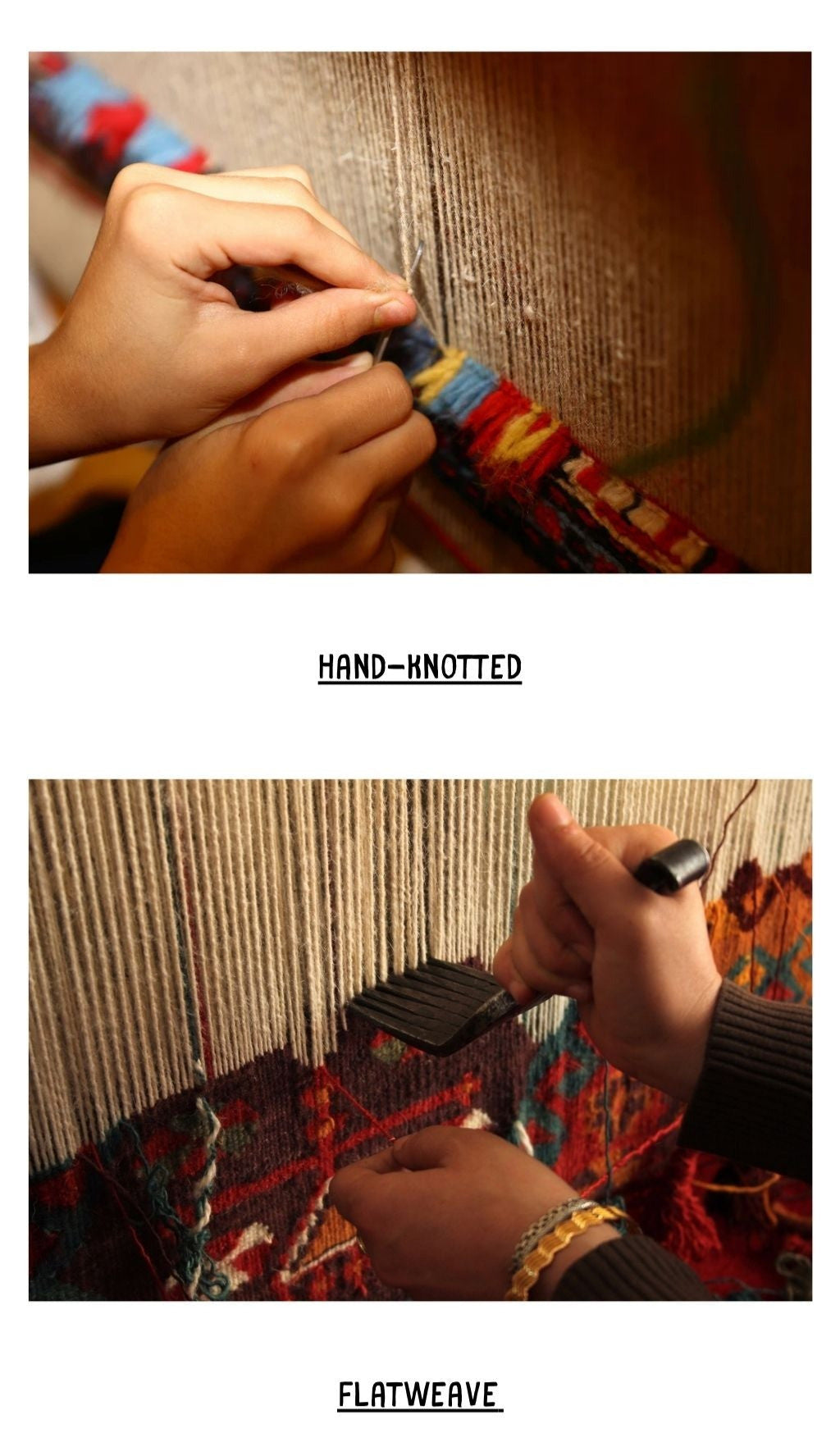 Comparison of handmade rug types: hand-knotted Turkish vintage rugs with Ghiordes knots and wool-on-wool texture, alongside flatweave kilim rugs with geometric patterns and no pile.