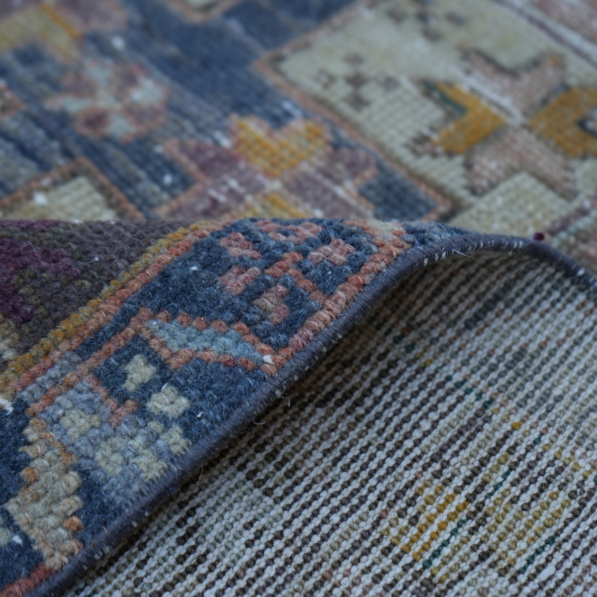 Additional view of the pale blue Turkish authentic vintage rug, hand-knotted in wool.