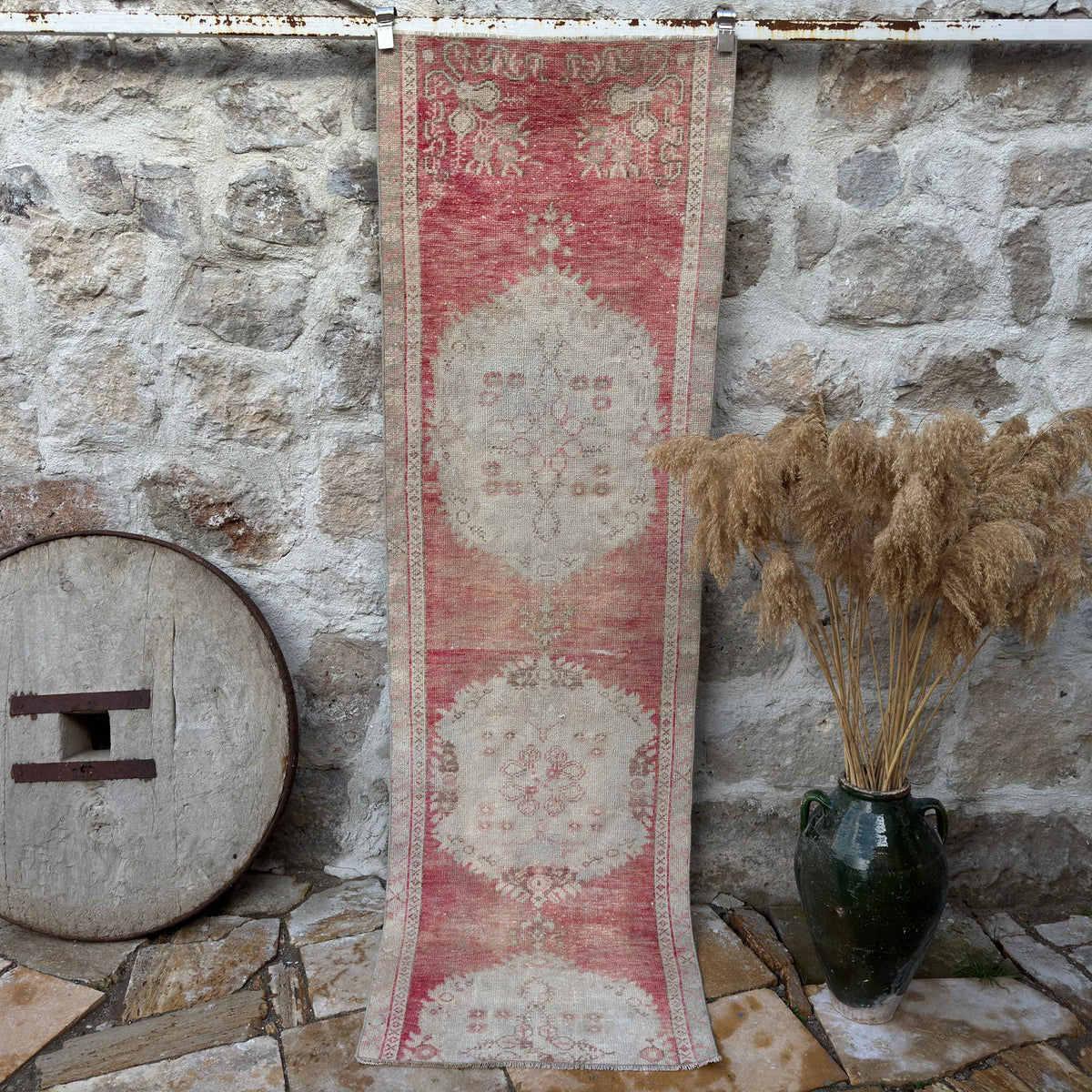 Pale Red 3' x 8' distressed runner rug with traditional design, handmade in Turkey – Avi.
