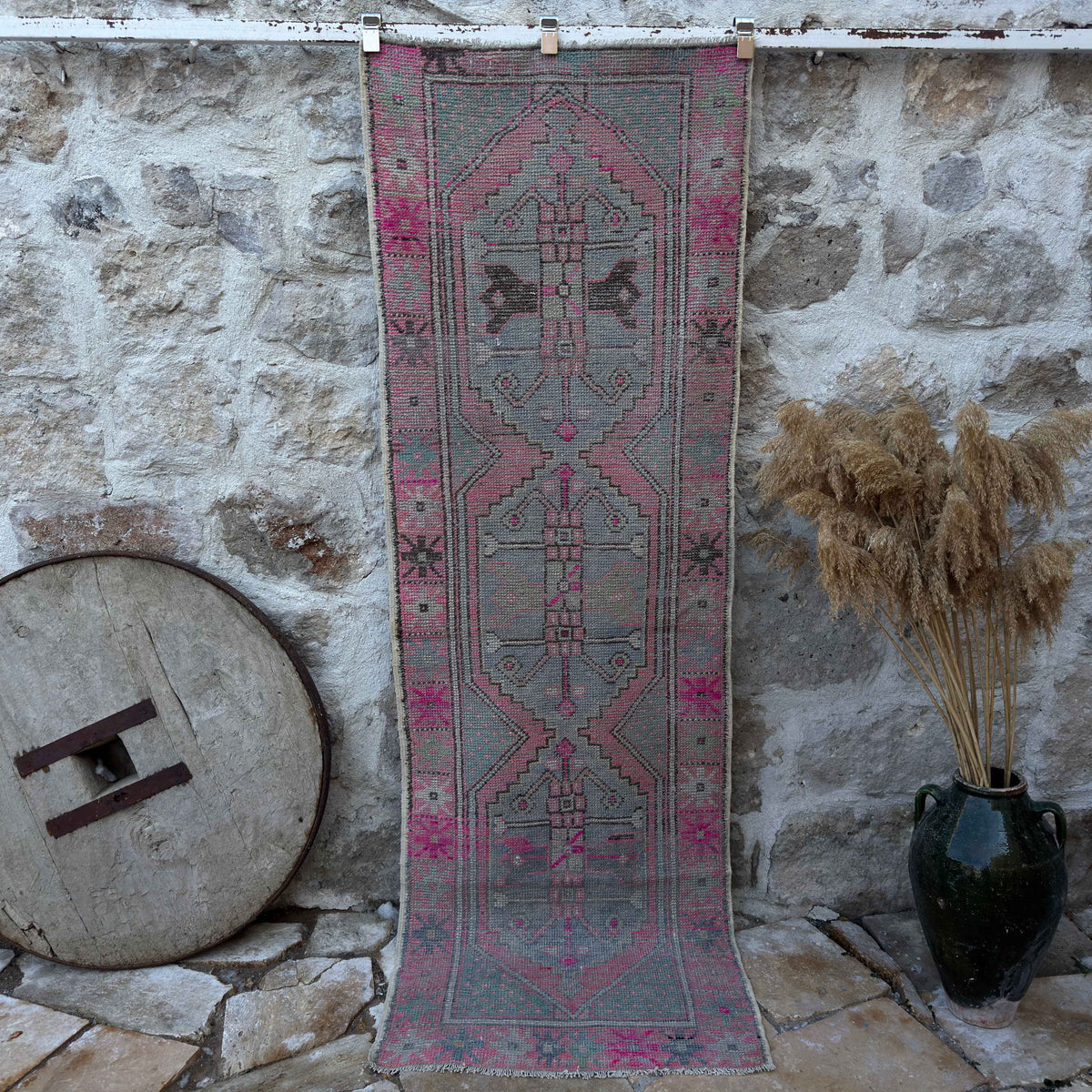 Pink 3' x 8' distressed vintage runner with traditional design, handmade in Turkey – Edmund.