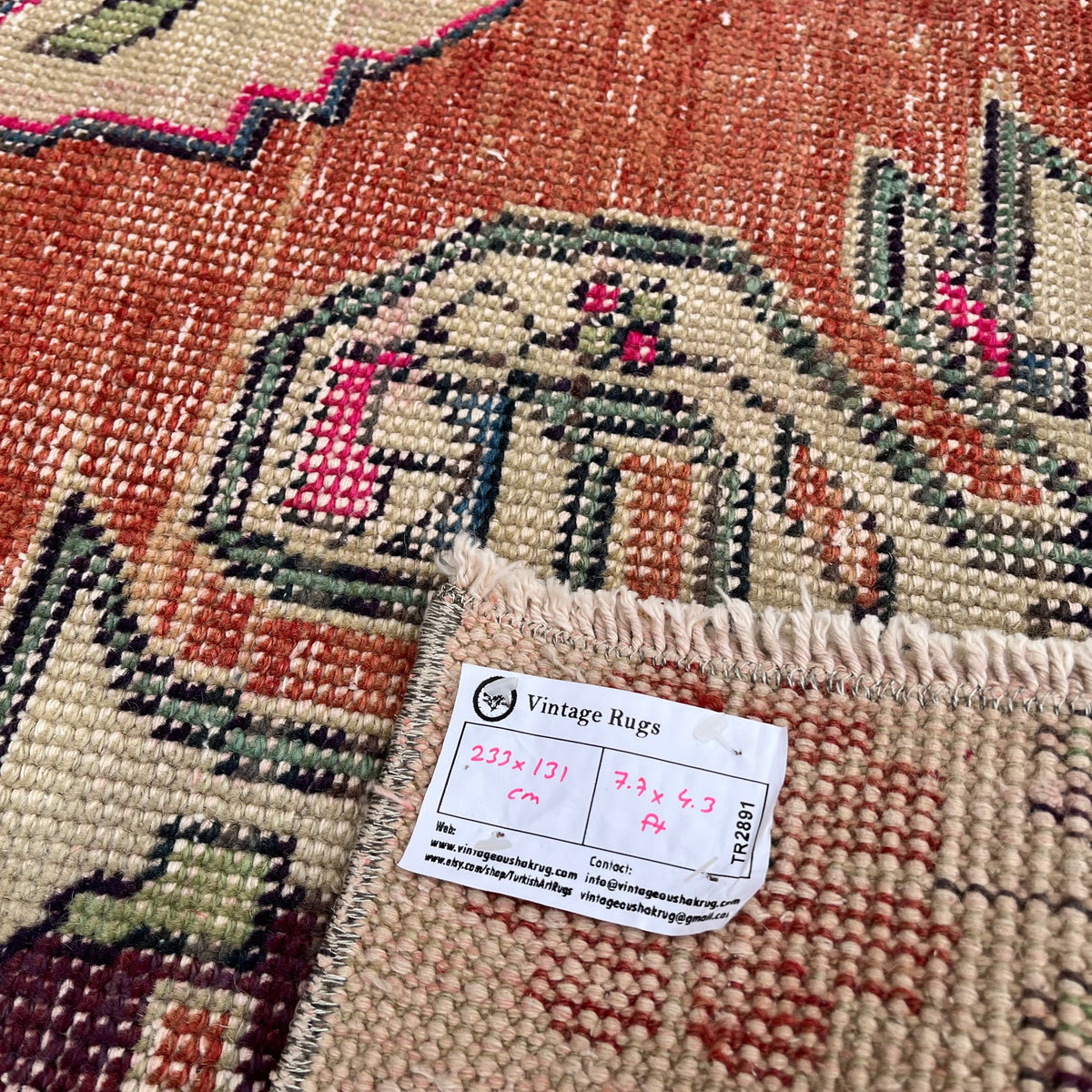Close-up of the red Turkish handknoted rug showing traditional details, hand-knotted weave, wool and cotton and low pile.