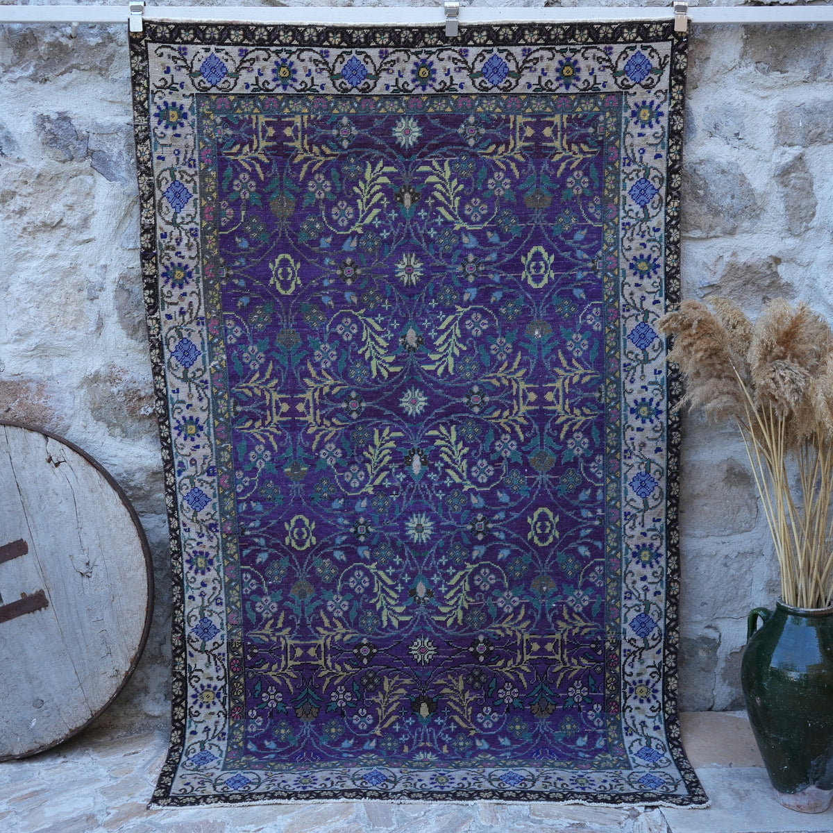 Purple 5' x 8' handknotted floral rug with floral design, handmade in Turkey – Wanda.