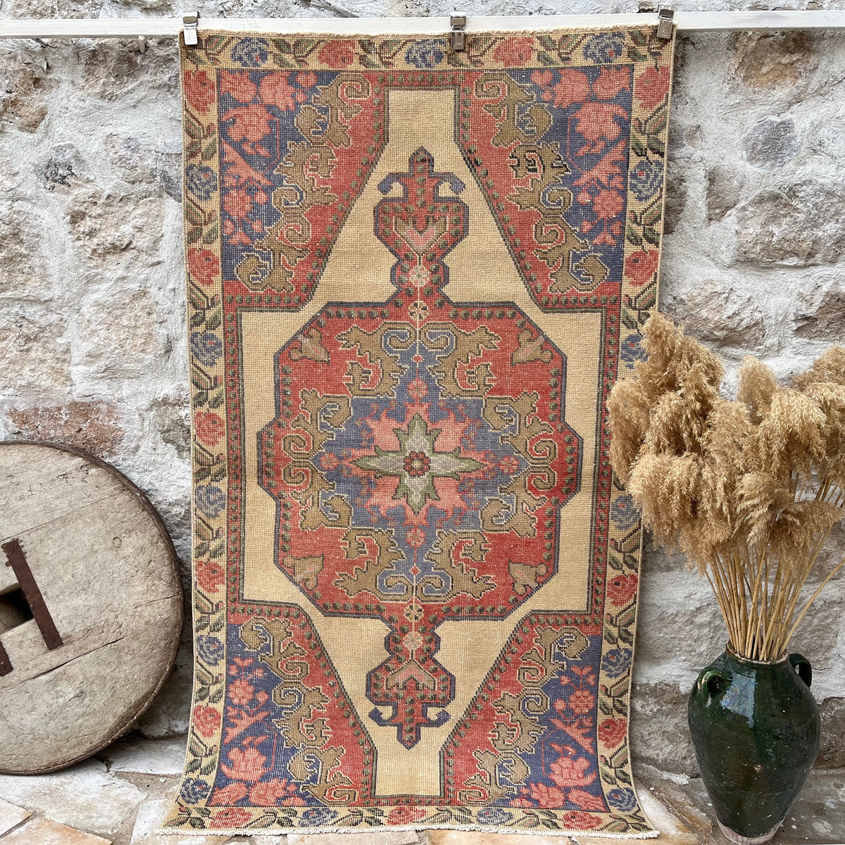 Blue 4' x 7' handknotted rug with traditional design, handmade in Turkey – Elora.