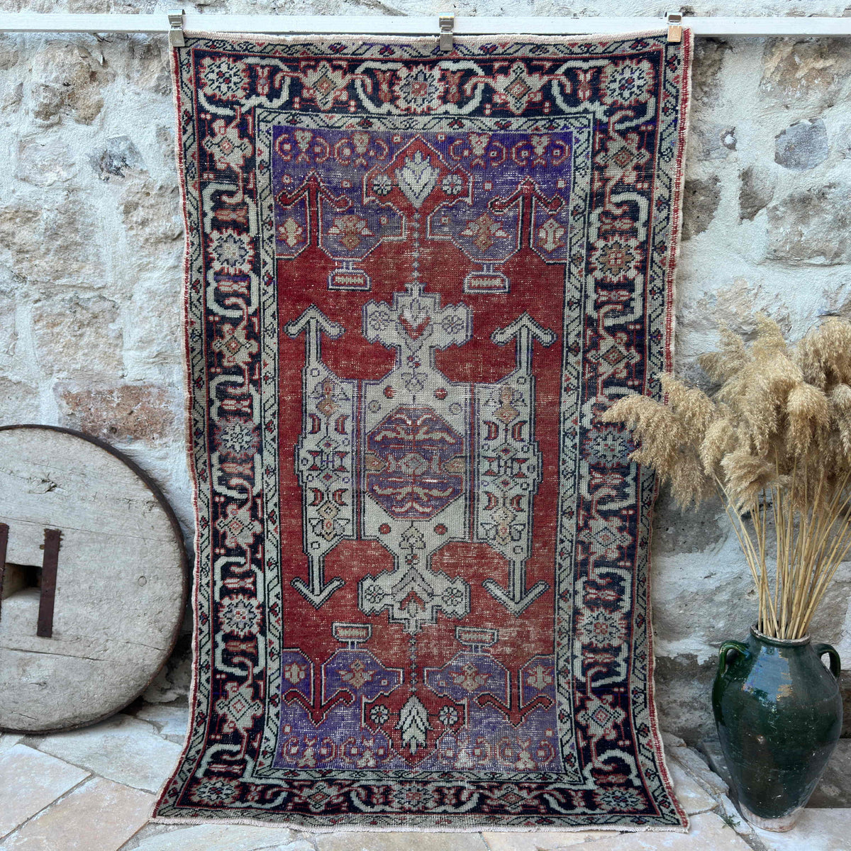 Purple 5' x 8' handknotted rug with geometric design, handmade in Turkey – Armistead.