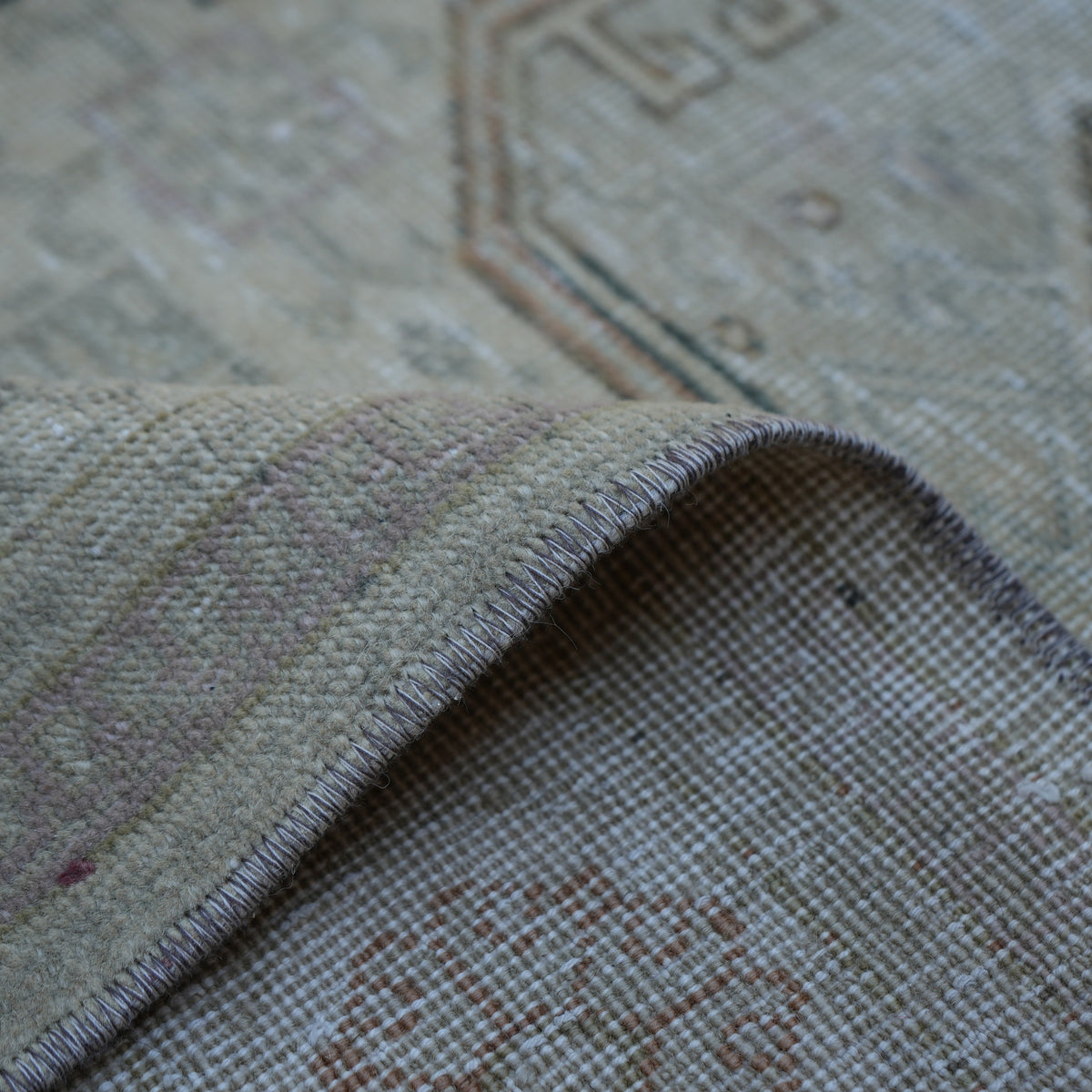 Additional view of the beige Turkish handknotted vintage rug, hand-knotted in wool and cotton.