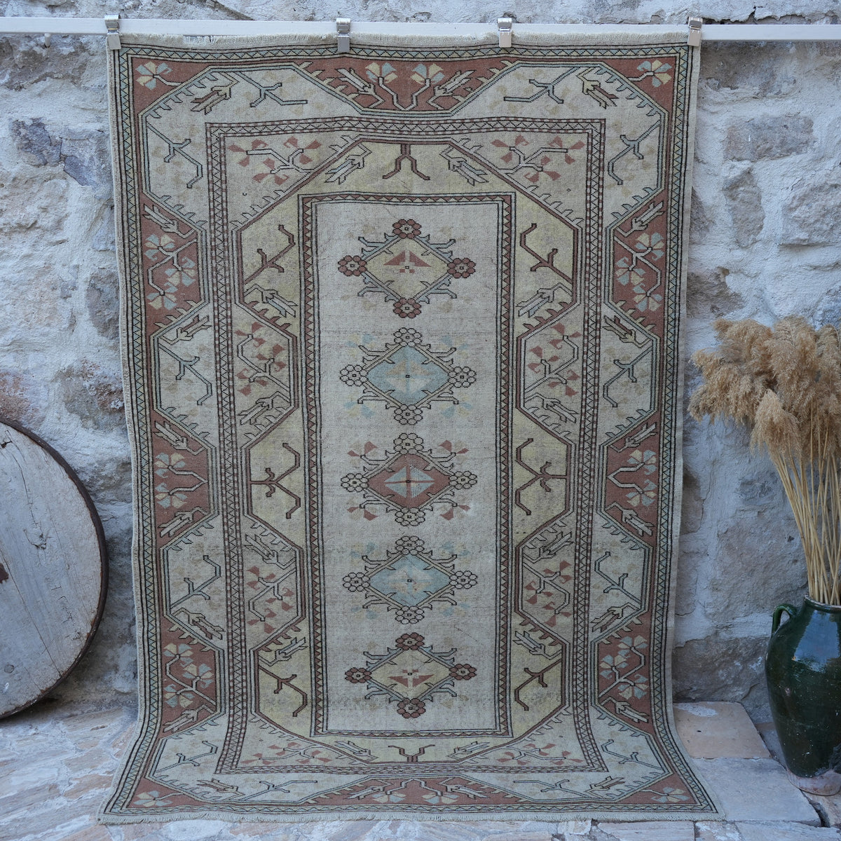 Beige 5' x 8' handknotted wool rug with traditional design, handmade in Turkey – Abbi.