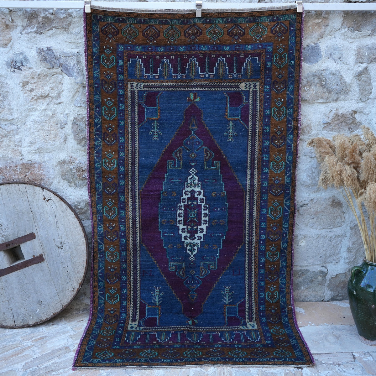 Blue 5' x 8' handknotted wool rug with traditional design, handmade in Turkey – Leta.