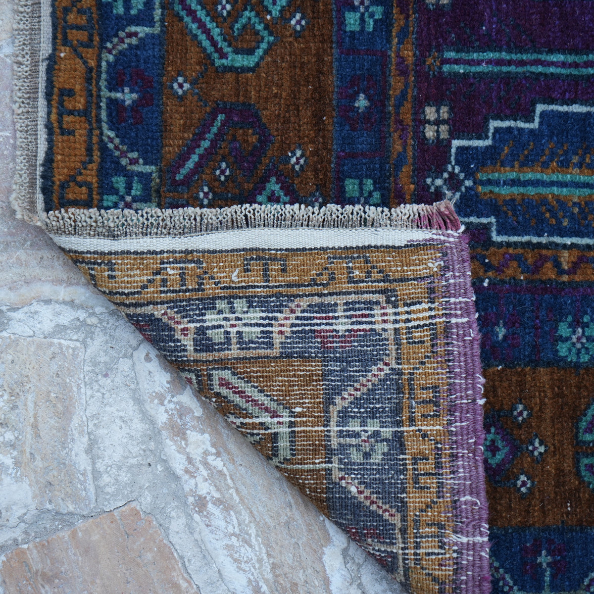 1970s blue Turkish handknotted wool rug with traditional design, hand-knotted weave and low pile.