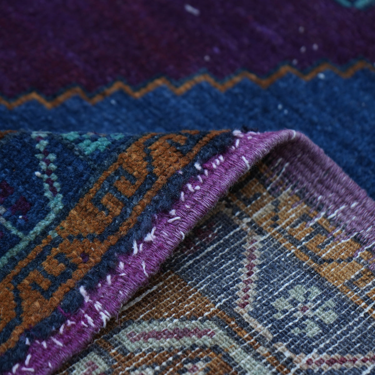 Additional view of the blue Turkish handknotted wool rug, hand-knotted in wool.