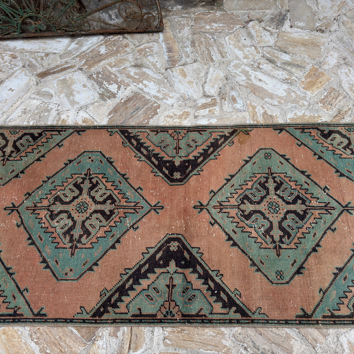 1970s orange Turkish handmade oushak runner rug with oushak design, hand-knotted weave and low pile.