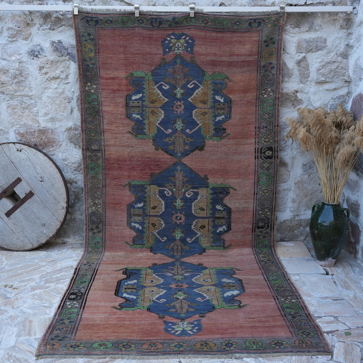 Red 6' x 11' handmade vintage rug with traditional design, handmade in Turkey – Harris.