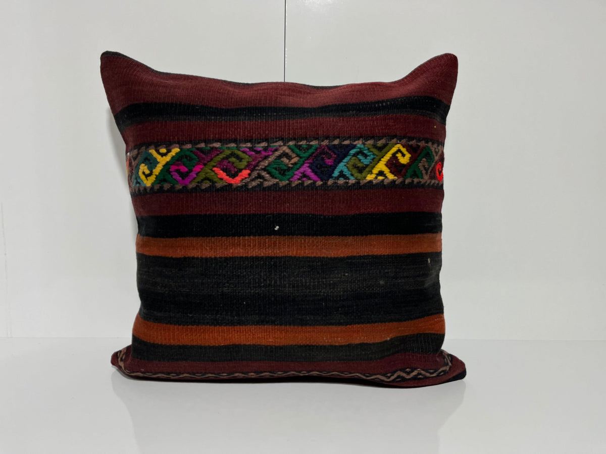 Black kilim pillow with striped design, handmade in Turkey – EE00154.