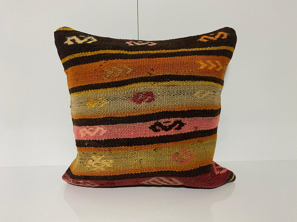 Black kilim pillow with traditional design, handmade in Turkey – KK00254.
