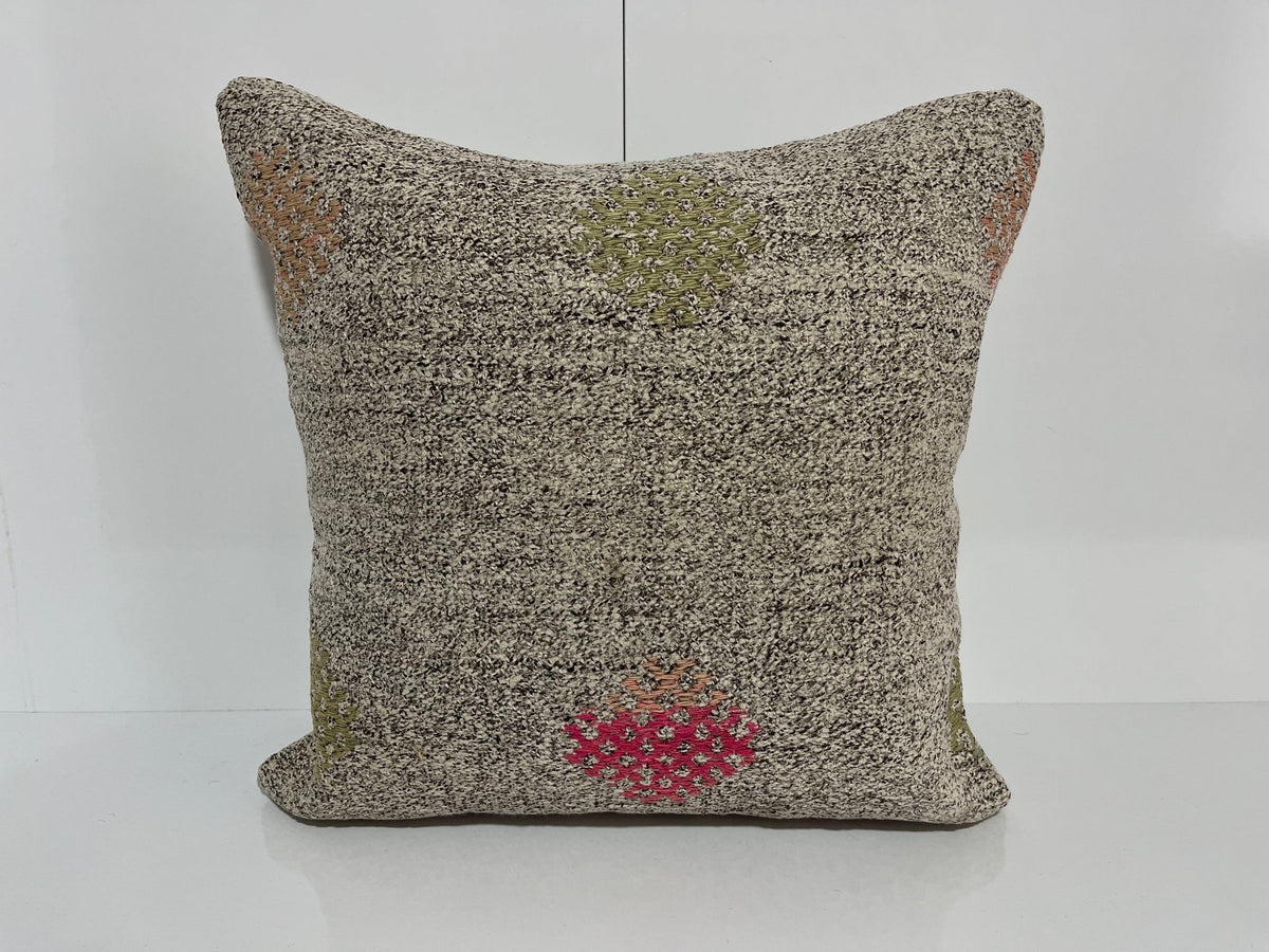 Gray kilim pillow with traditional design, handmade in Turkey – EE00167.
