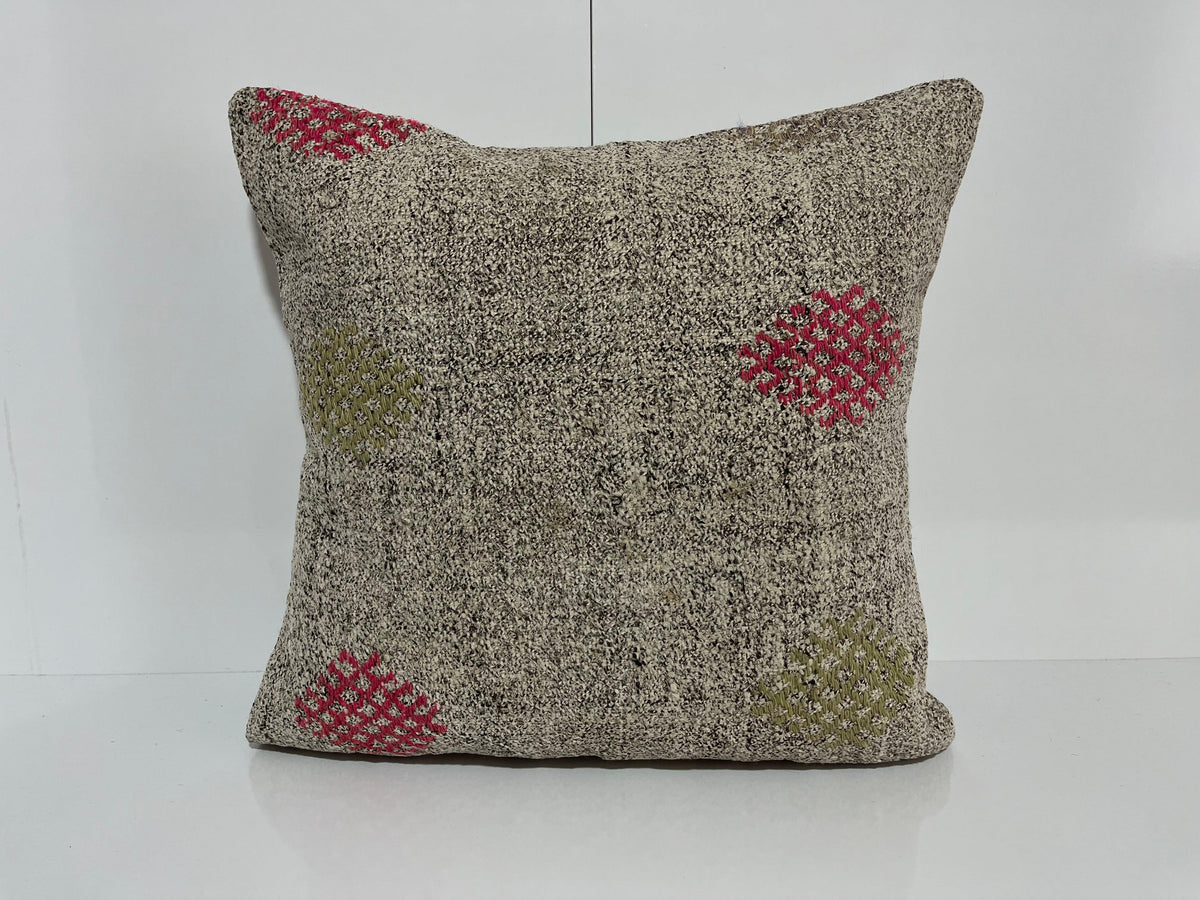 Gray kilim pillow with traditional design, handmade in Turkey – EE00179.