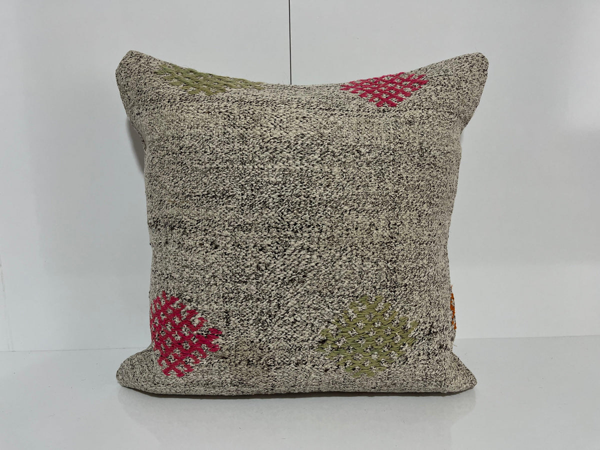 Gray kilim pillow with traditional design, handmade in Turkey – EE00182.