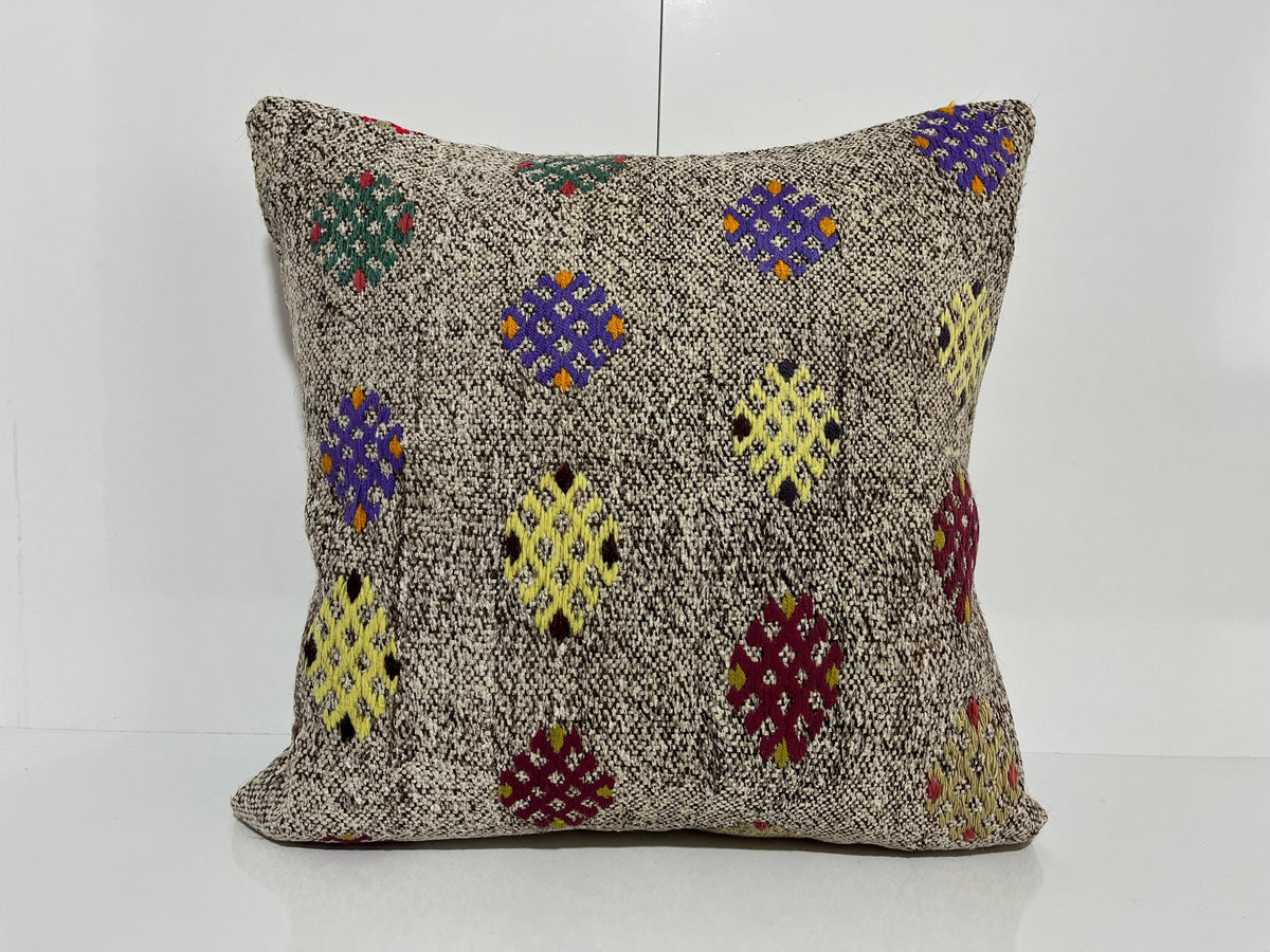 Gray kilim pillow with traditional design, handmade in Turkey – EE00217.