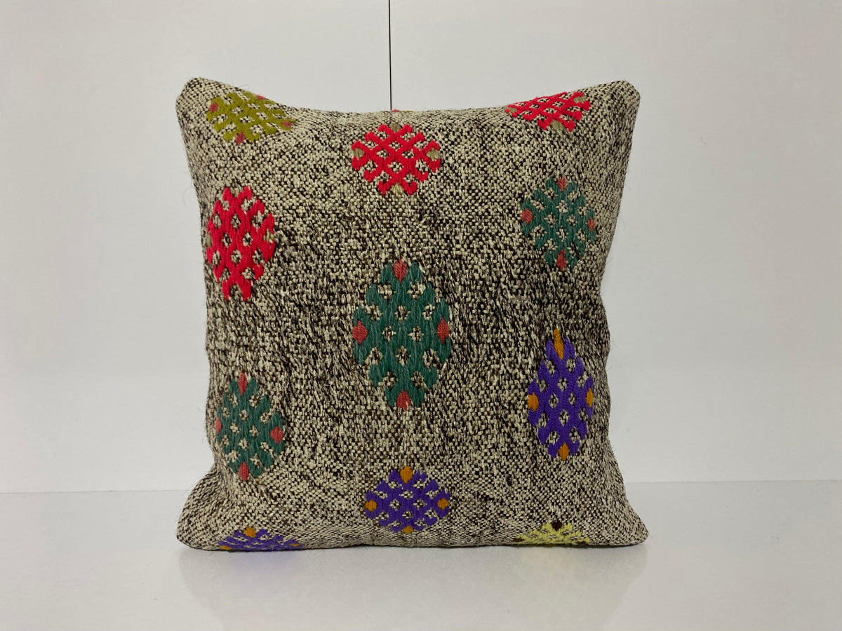 Gray kilim pillow with traditional design, handmade in Turkey – KK00242.