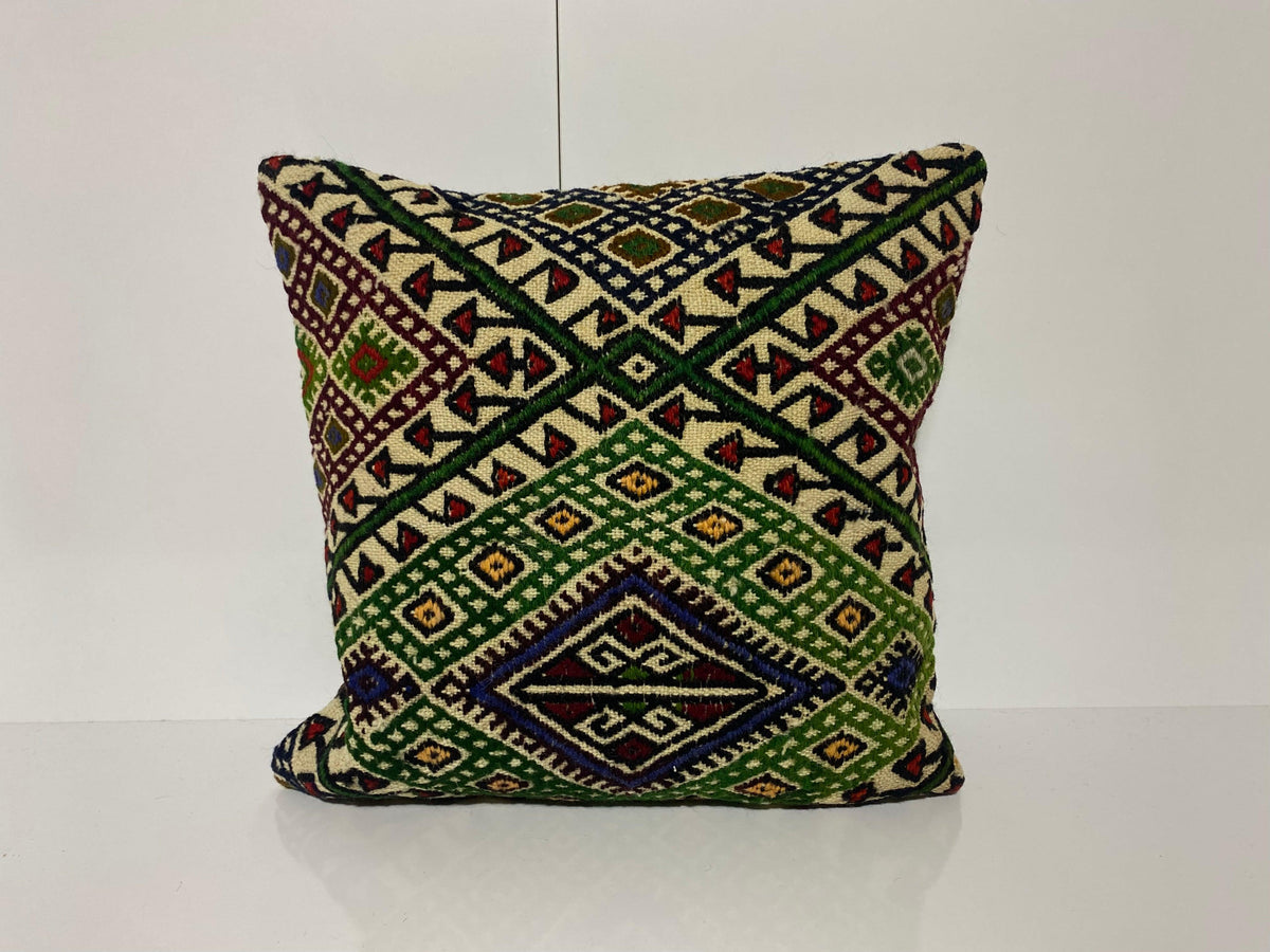 Green kilim pillow with geometric design, handmade in Turkey – KK00261.