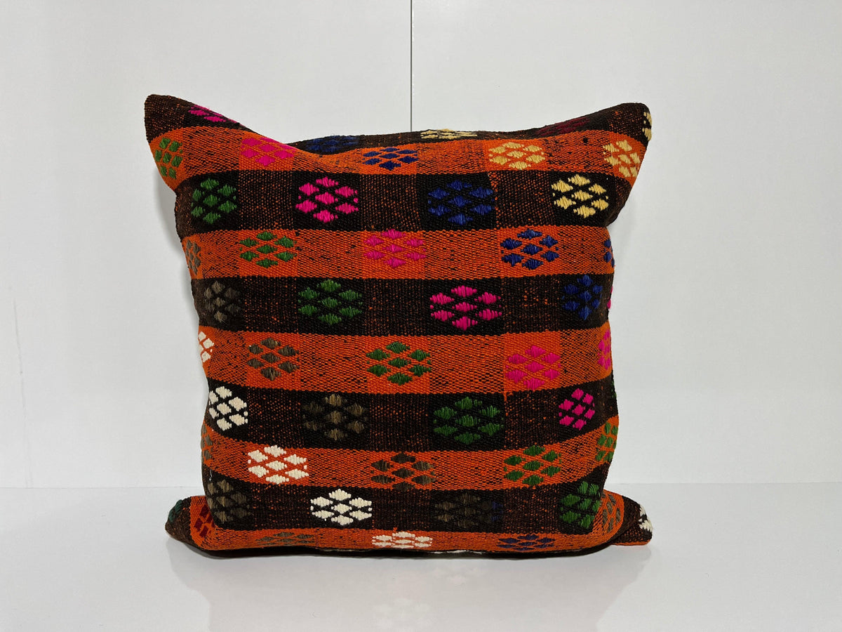Orange kilim pillow with traditional design, handmade in Turkey – EE00074.