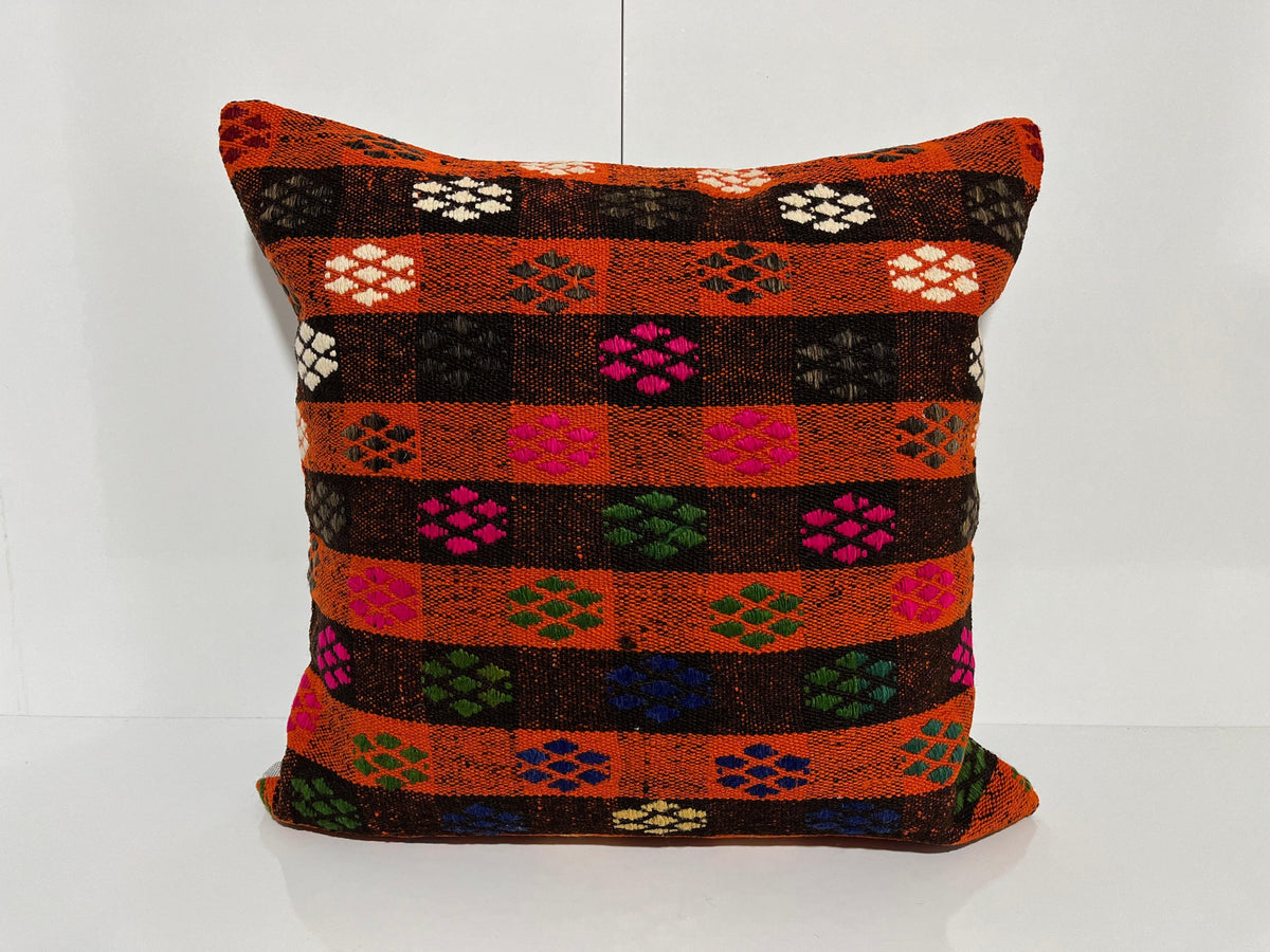 Orange kilim pillow with traditional design, handmade in Turkey – EE00087.