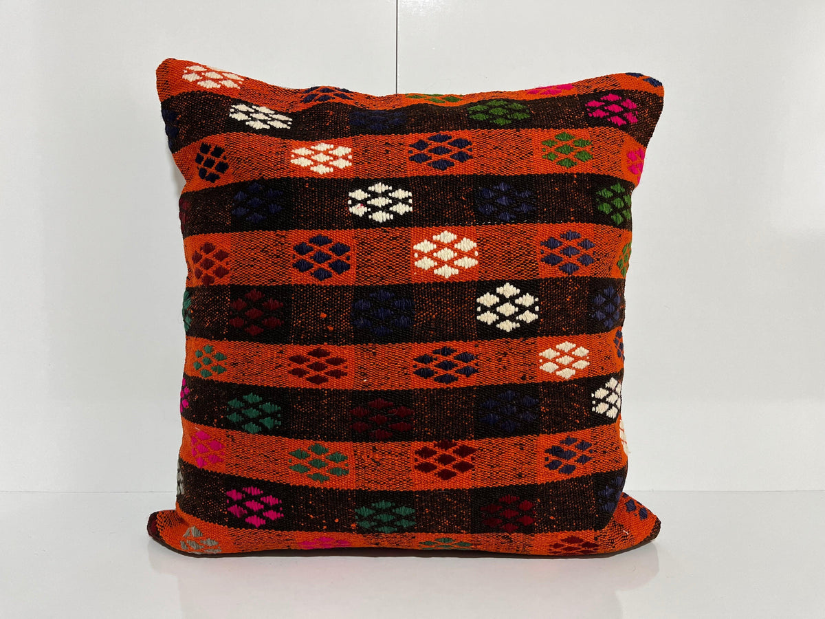 Orange kilim pillow with traditional design, handmade in Turkey – EE00102.