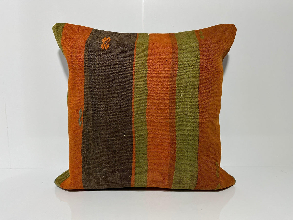 Orange kilim pillow with traditional design, handmade in Turkey – EE00332.