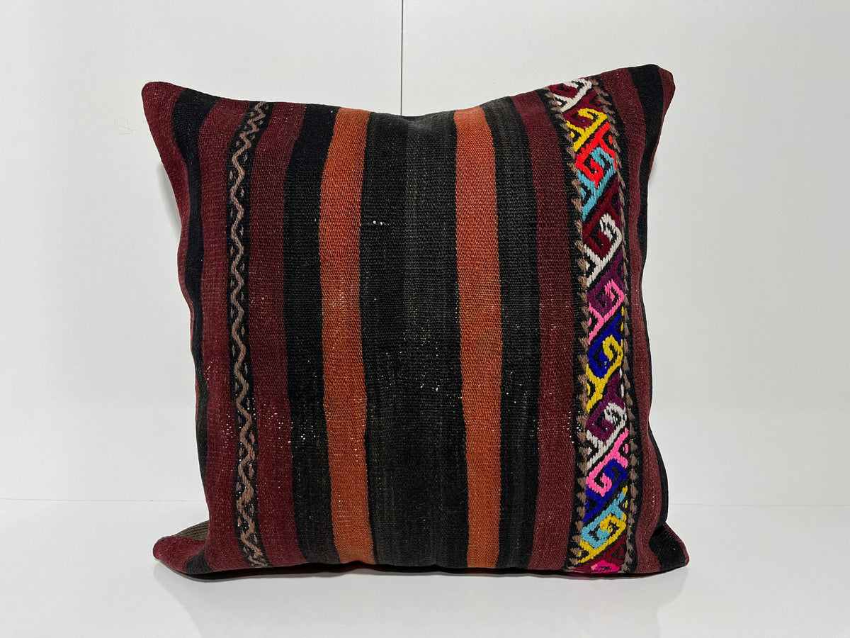 Red kilim pillow with striped design, handmade in Turkey – EE00166.