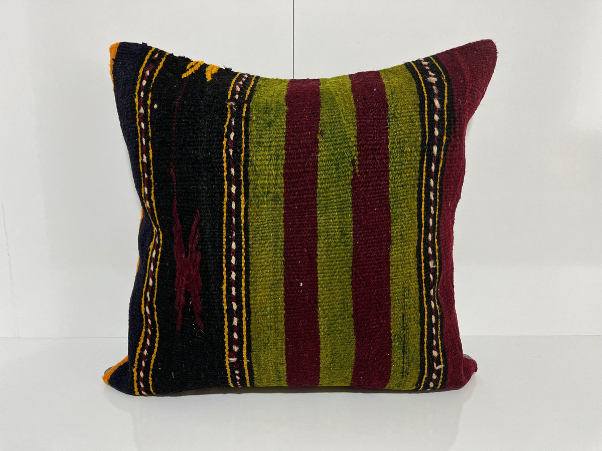 Red kilim pillow with striped design, handmade in Turkey – EE00322.