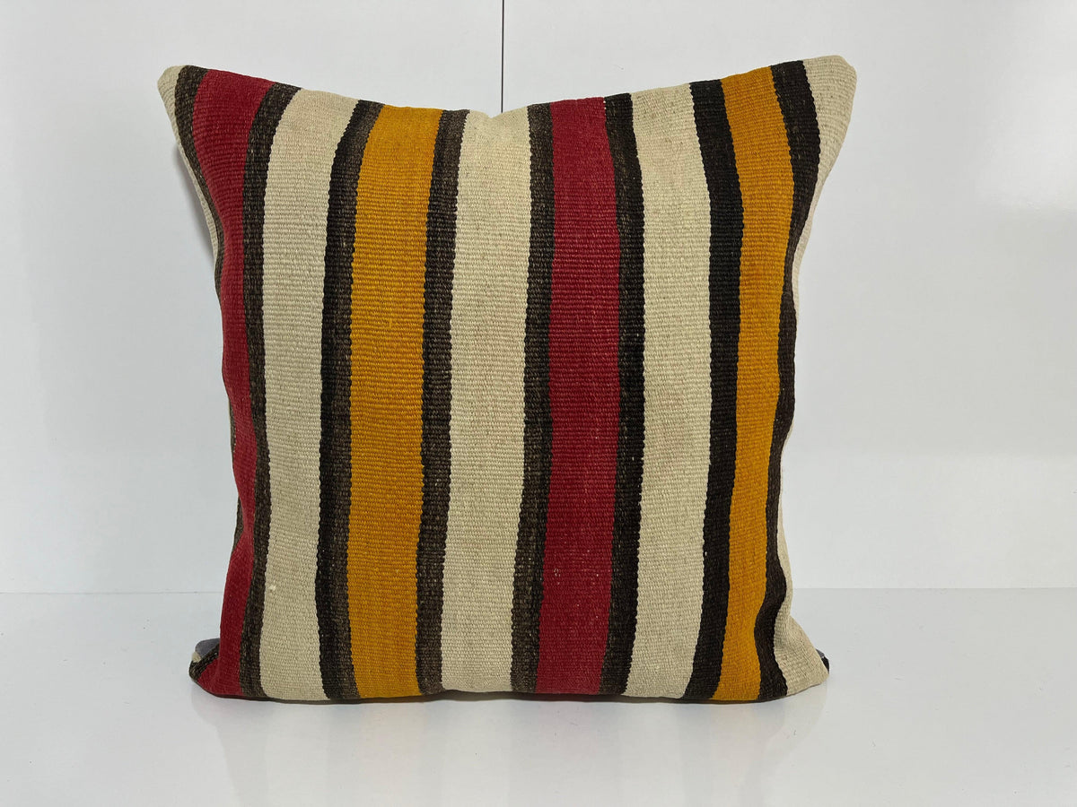 White kilim pillow with striped design, handmade in Turkey – EE00347.