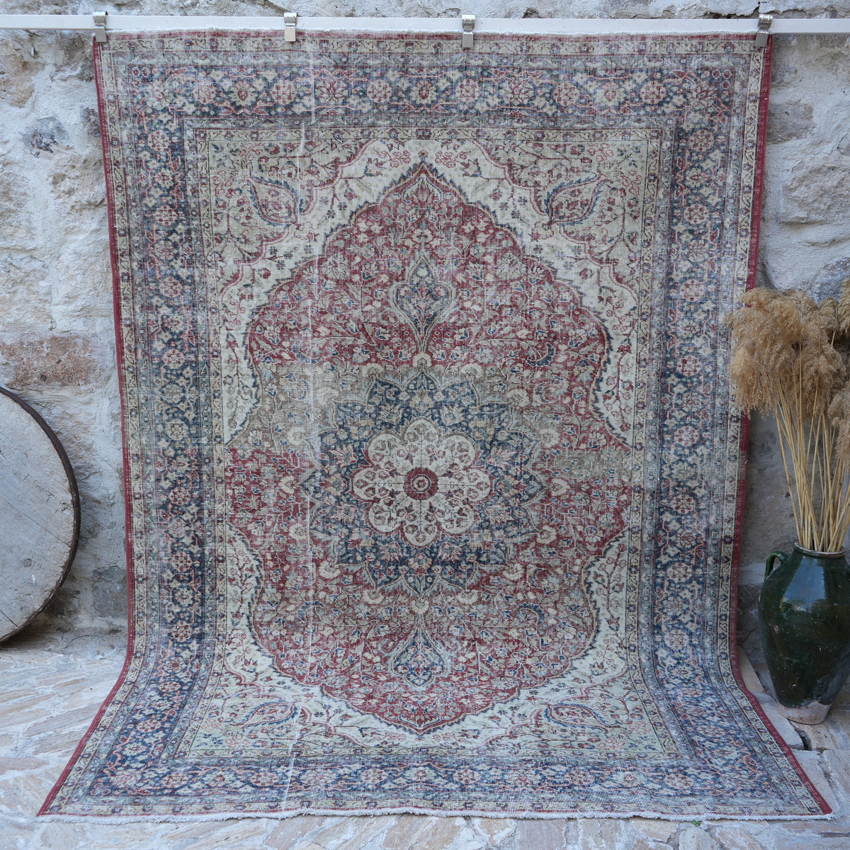 Red 7' x 9' large vintage rug with traditional design, handmade in Turkey – Storm.