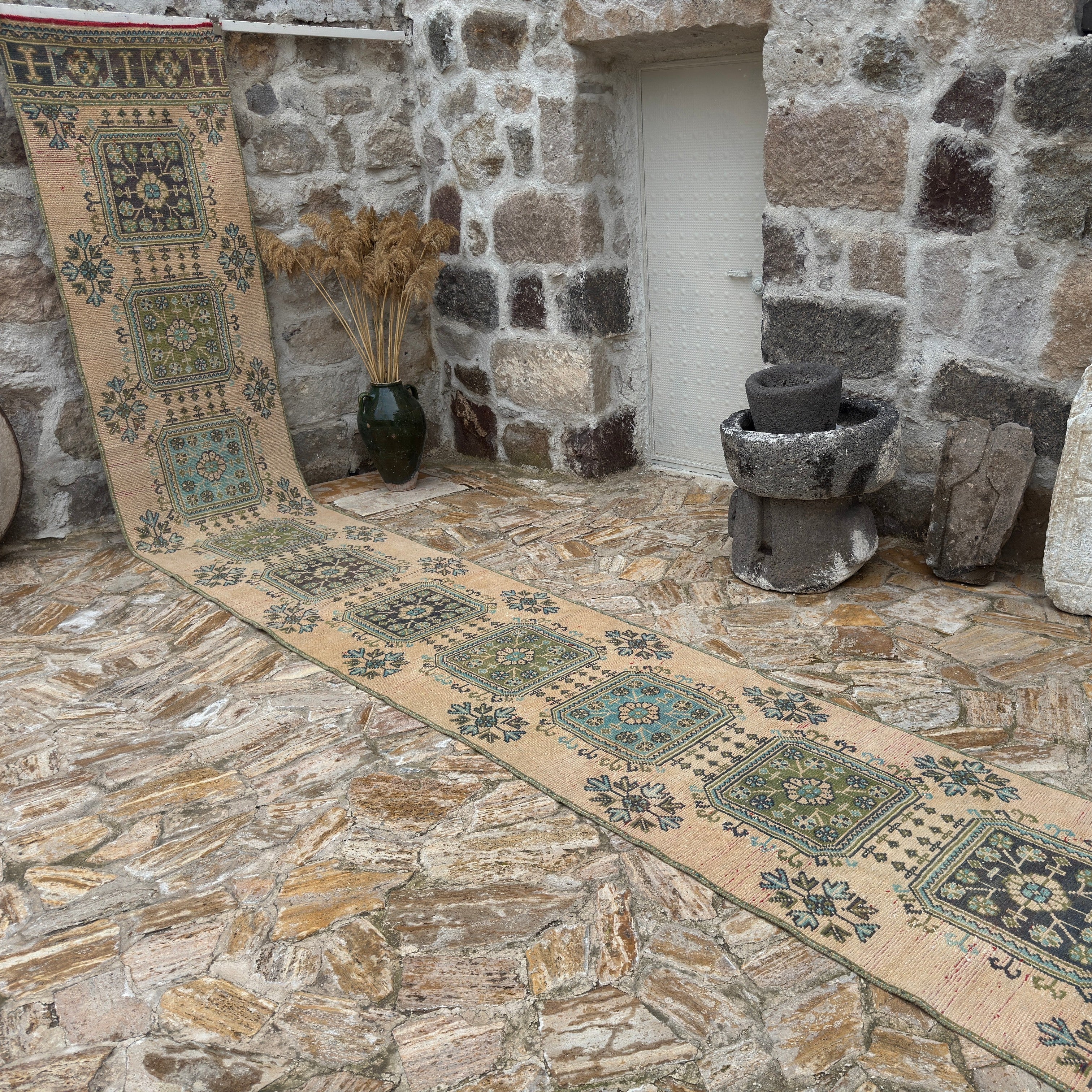 Beige 3' x 21' long vintage runner rug with geometric design, handmade in Turkey – Tybie.