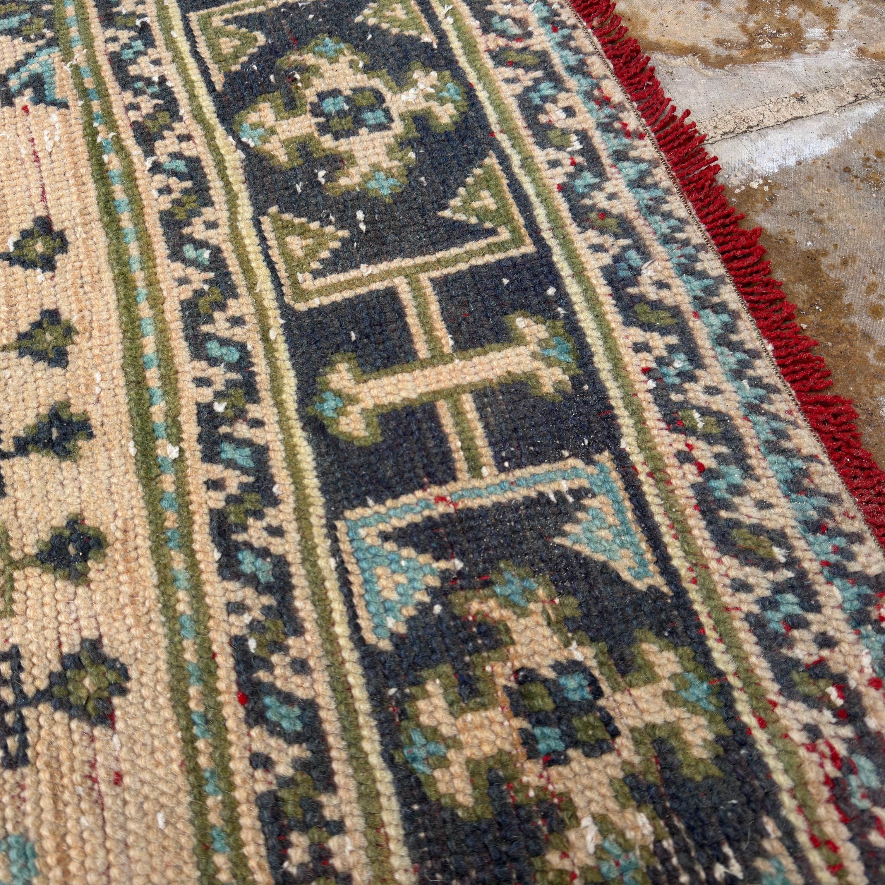 Additional view of the beige Turkish long vintage runner rug, hand-knotted in wool.
