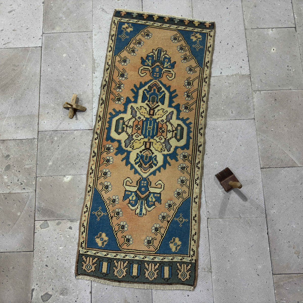 Blue 2' x 5' mini runner rug with traditional design, handmade in Turkey – Gena.