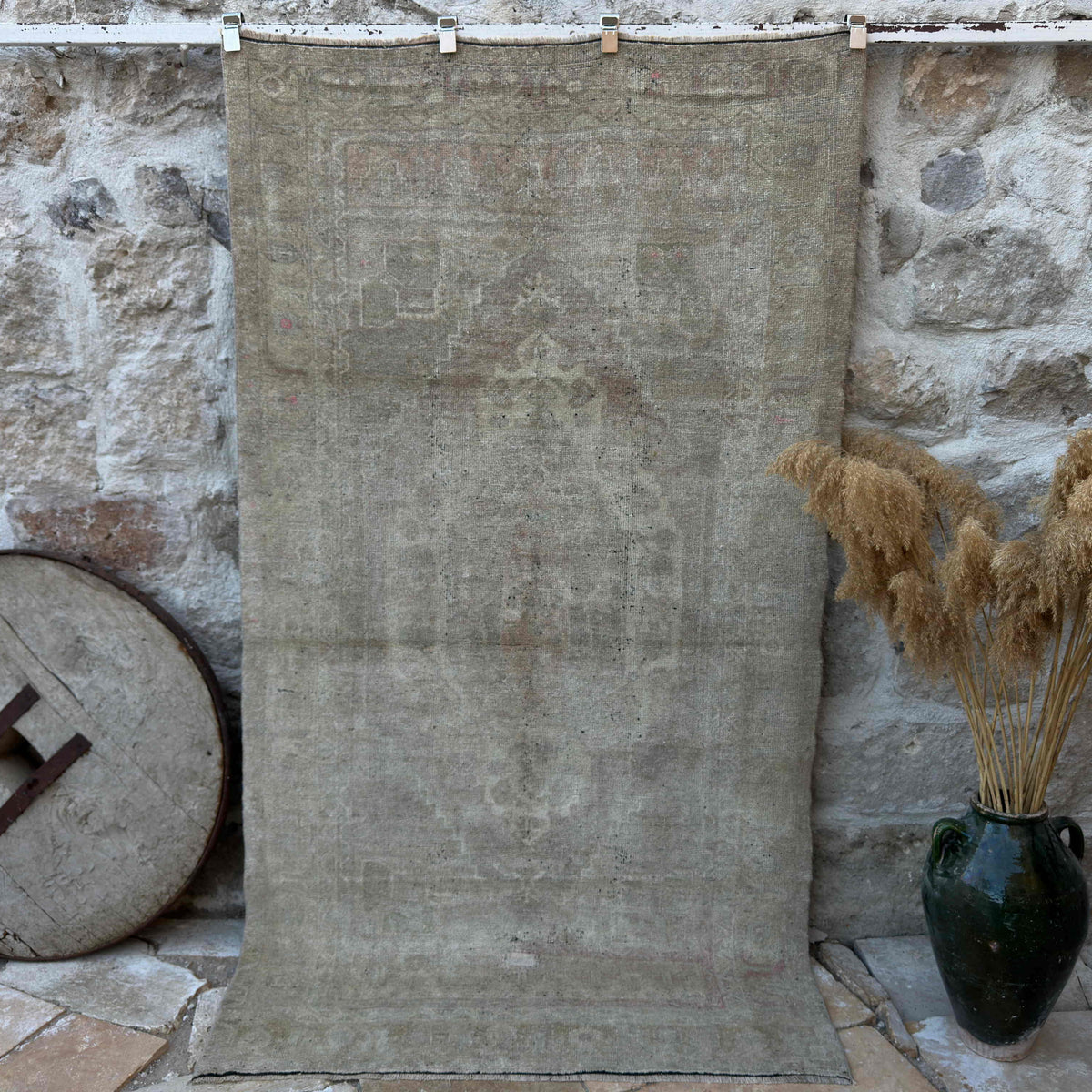 Beige 4' x 8' muted vintage rug with neutral design, handmade in Turkey – Jonas.