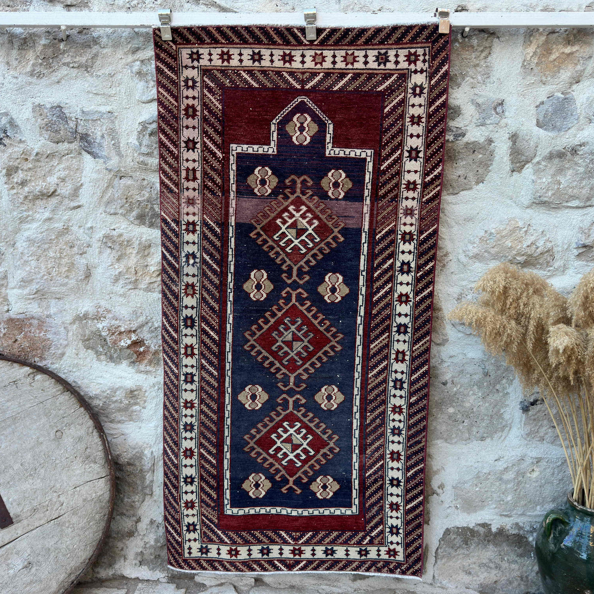 Blue 3' x 6' oriental wool rug with traditional design, handmade in Turkey – Bayard.