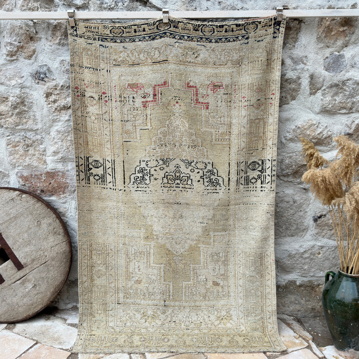 Beige 4' x 7' oriental wool rug with neutral design, handmade in Turkey – Gregory.