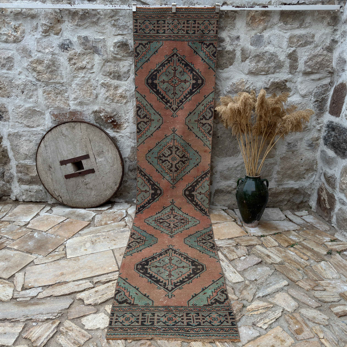 Pale Green 3' x 12' oushak runner rug with traditional design, handmade in Turkey – Khalid.