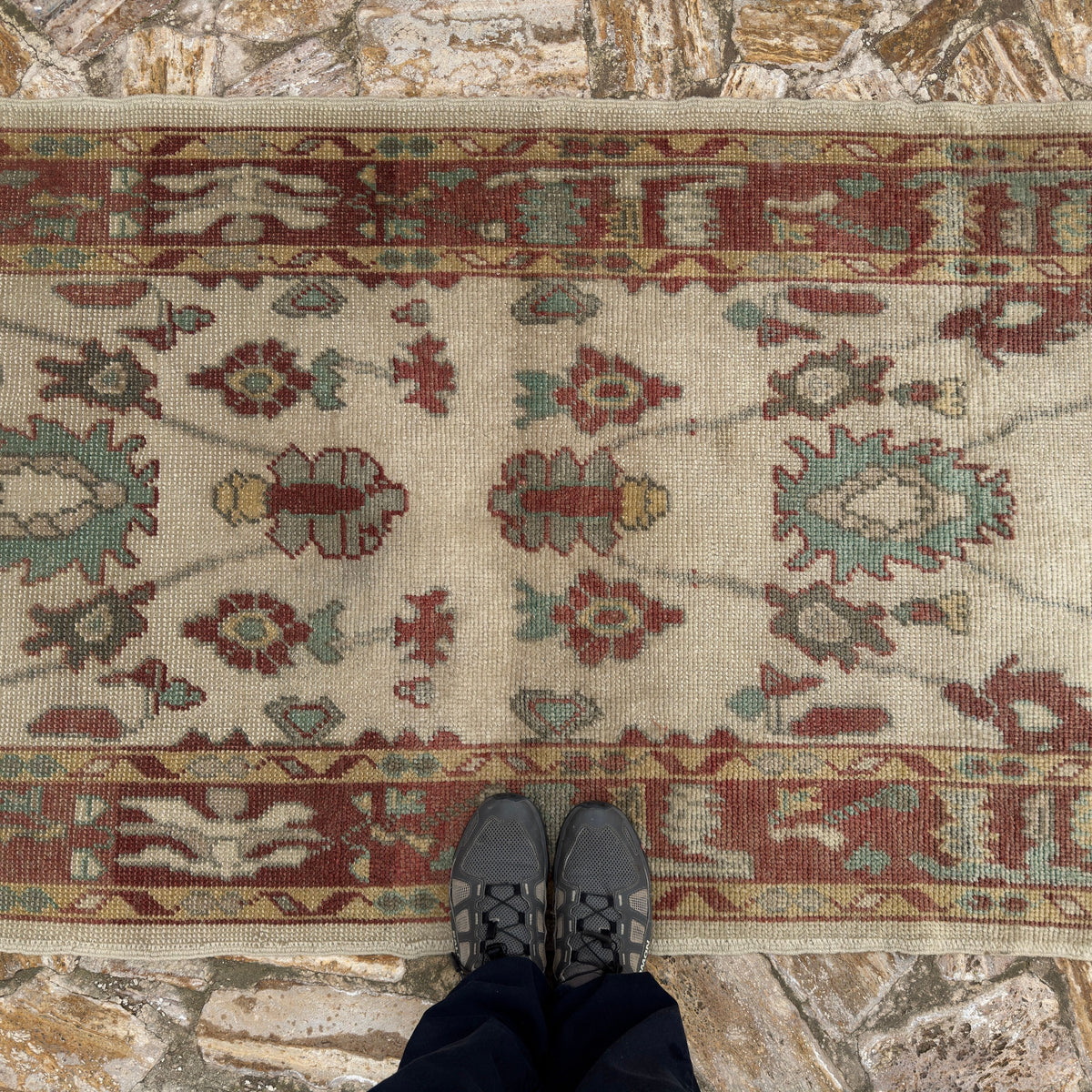 1970s red Turkish oushak runner rug with oushak design, hand-knotted weave and low pile.