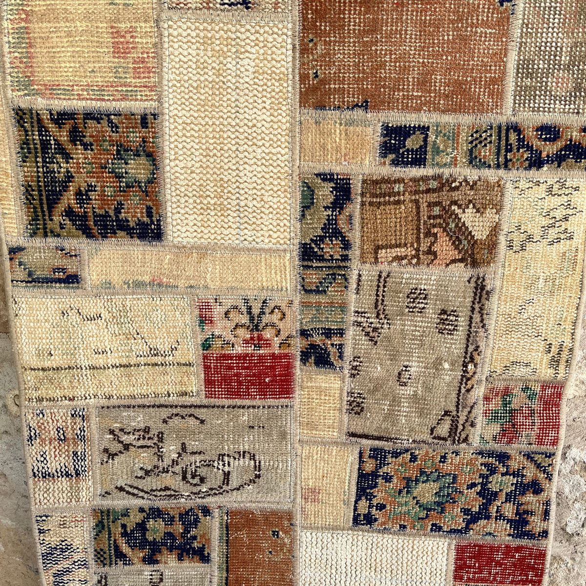 Beige 2' x 6' Turkish patchwork runner rug in wool and cotton, shown on the floor.