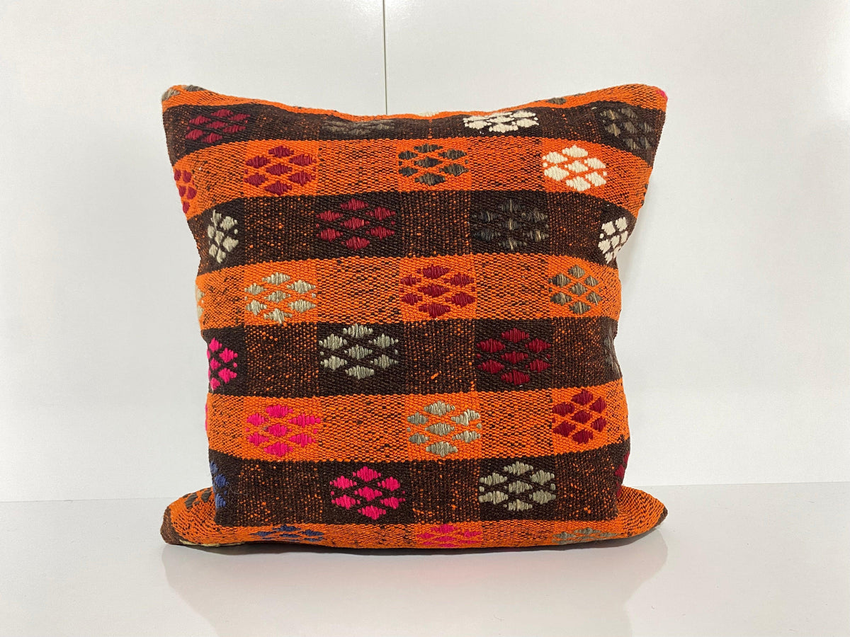Orange pillow cover with geometric design, handmade in Turkey – KK00277.