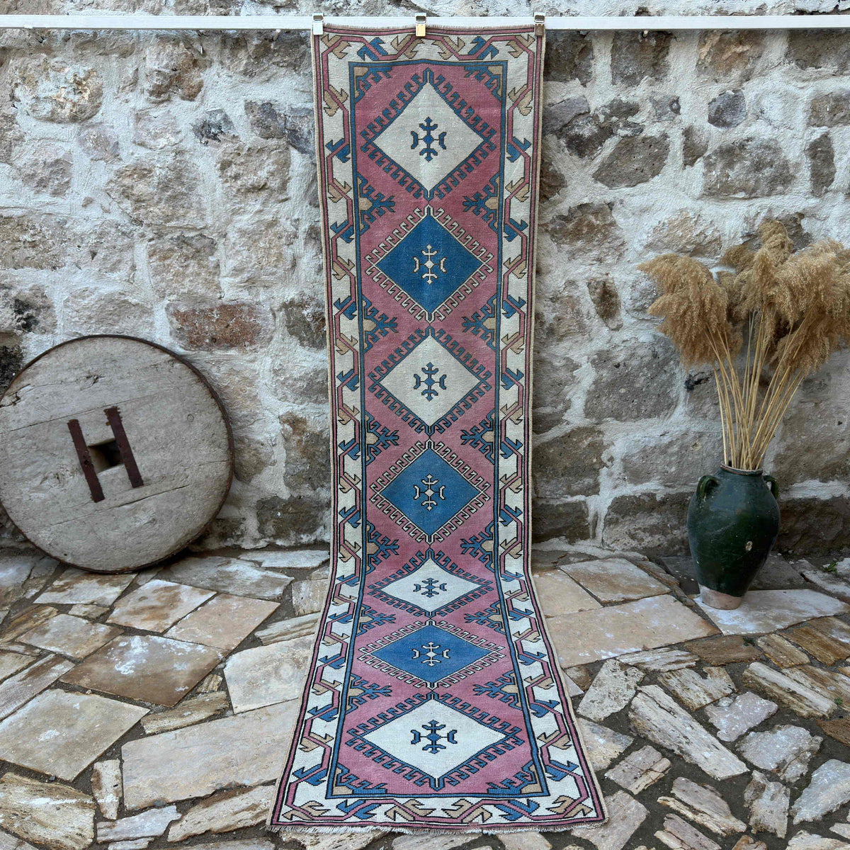 Pink 3' x 11' runner rug with traditional design, handmade in Turkey – Royce.