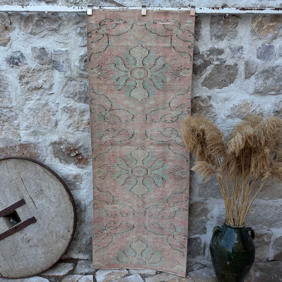 Pink 3' x 7' small runner rug with traditional design, handmade in Turkey – Douglas.
