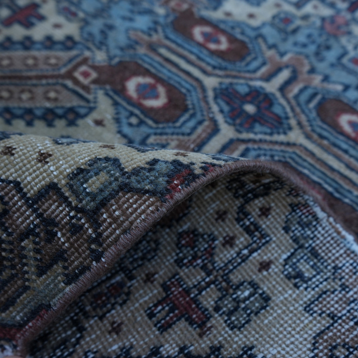 Additional view of the brown small turkish rug, hand-knotted in wool and cotton.
