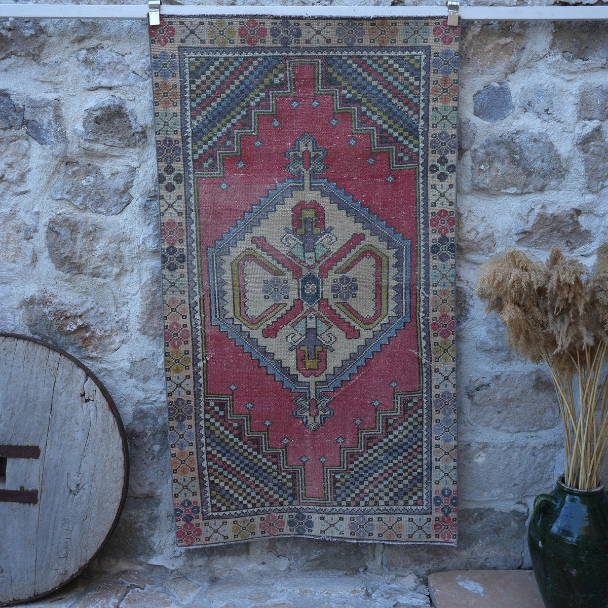 Red 3' x 6' small vintage rug with traditional design, handmade in Turkey – Bert.