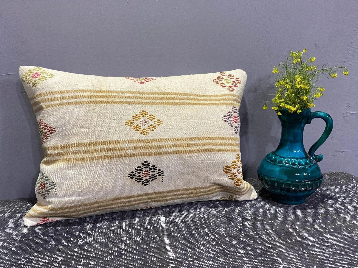 Beige throw pillow with striped design, handmade in Turkey – 00097.