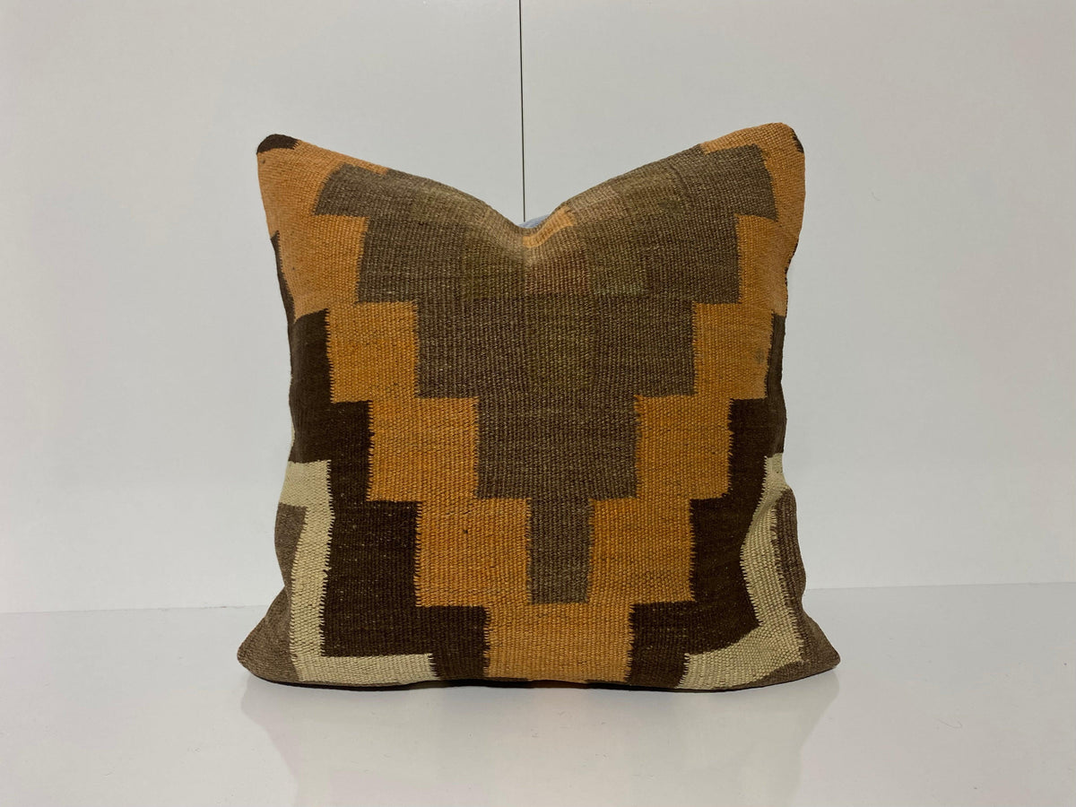 Brown throw pillow with geometric design, handmade in Turkey – KK00211.