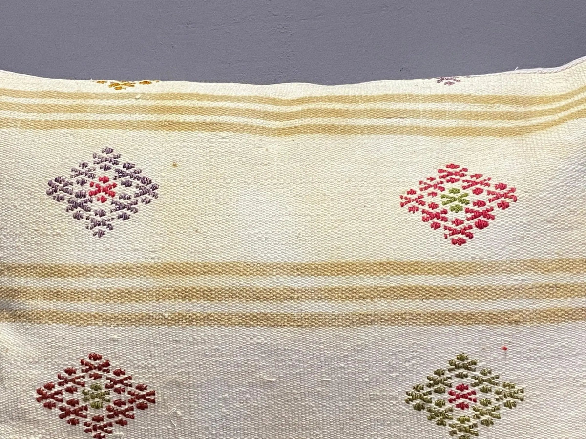 Close-up of the colorful Turkish throw pillow showing traditional details, low pile.