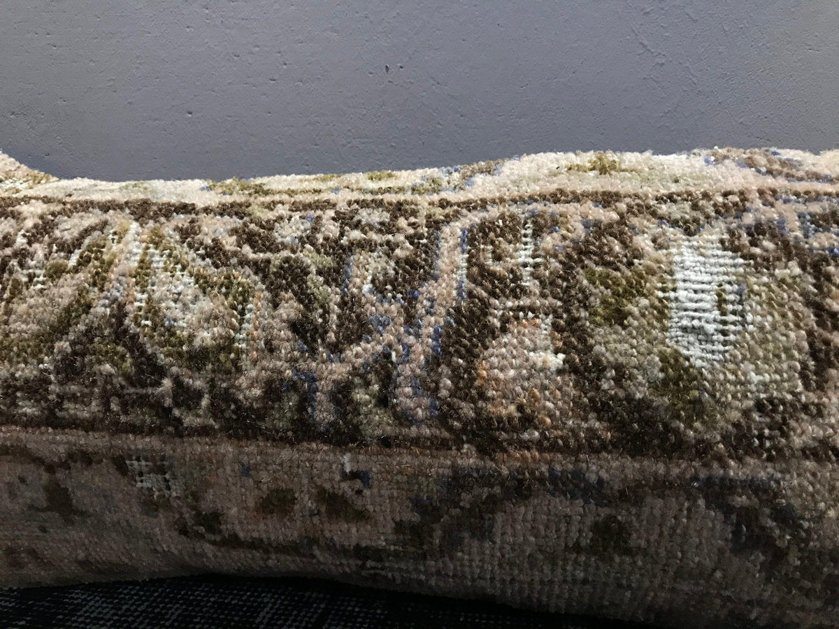 Close-up of the colorful Turkish throw pillow showing traditional details, low pile.
