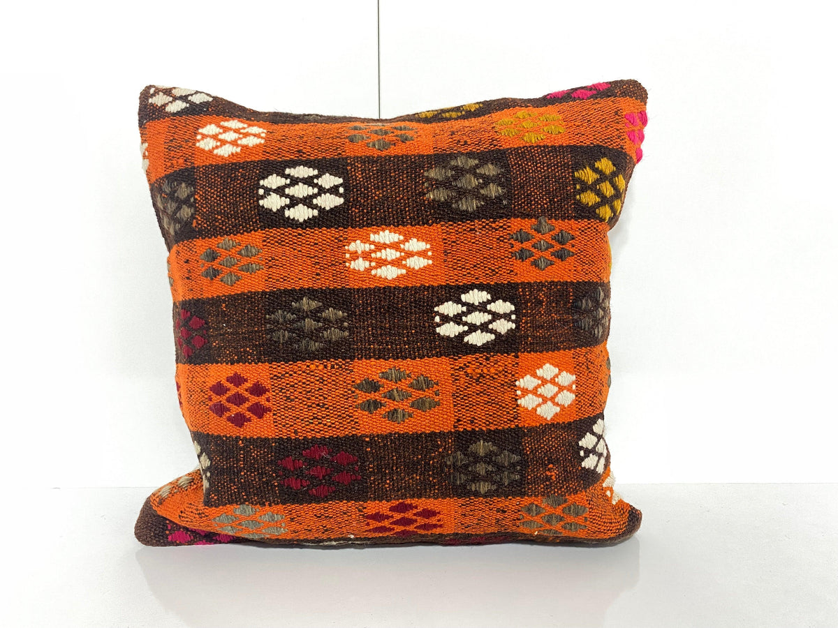 Orange throw pillow with geometric design, handmade in Turkey – KK00282.